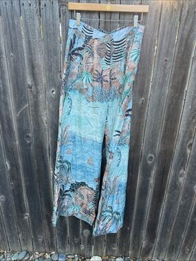 Isla & White silk Light Blue Tropical Print Wide Leg Pants